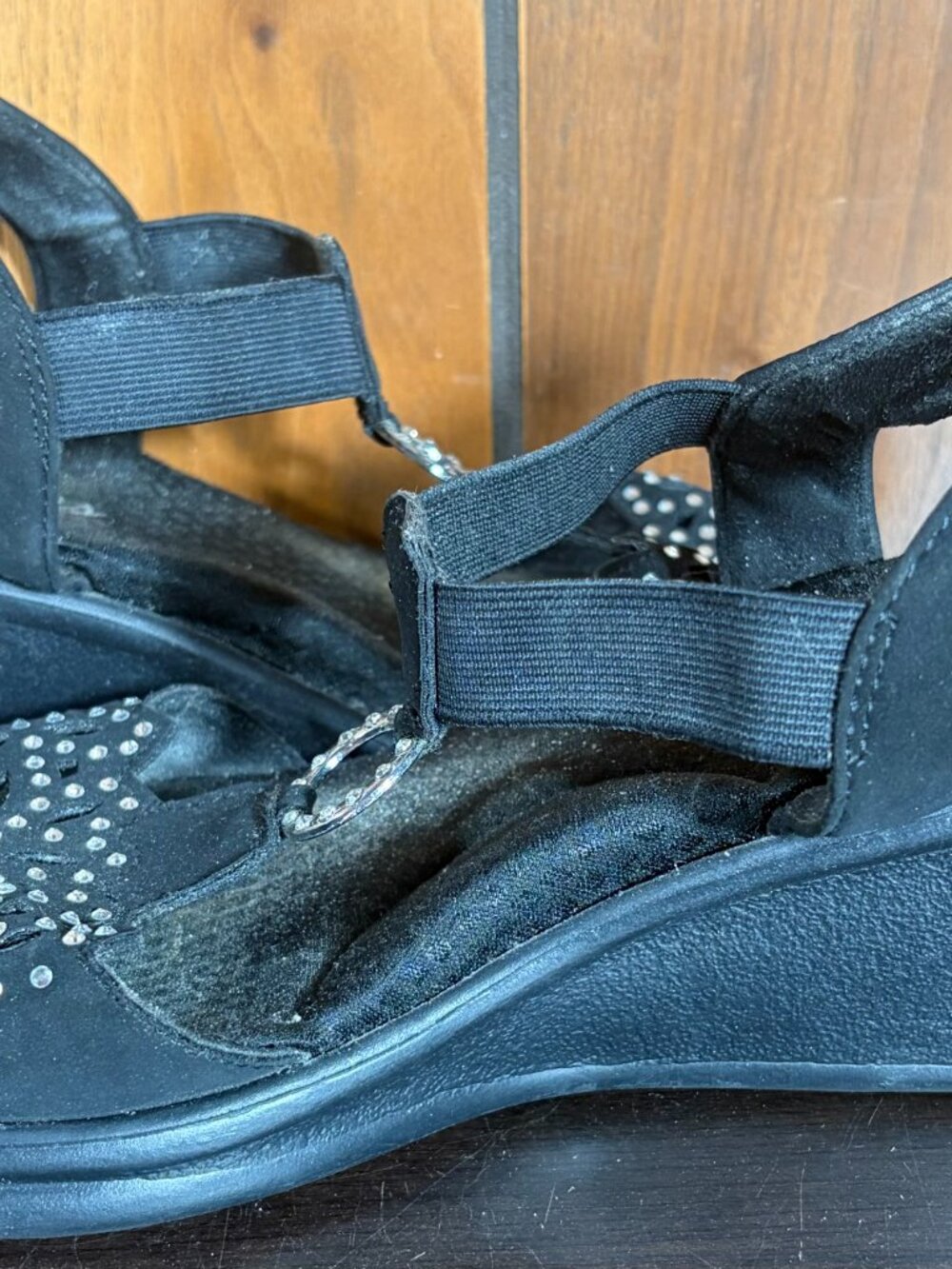 Skechers Sandals Women Sz 10 Black Cali Rumblers Queen B Bling Wedge Slingback - Picture 5 of 9
